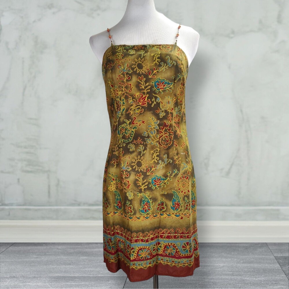 Vintage 90s Mini Sundress Size M Beaded Straps Green Paisley Border Print